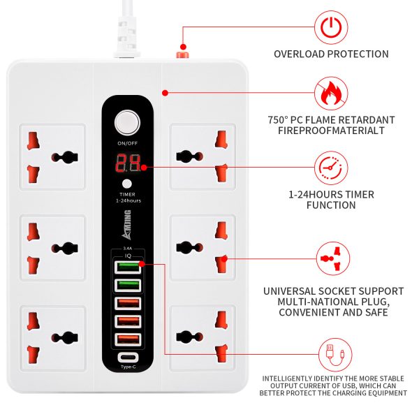 Ultra High Speed Socket Bkl-11 Sockets 5 Usb 1 Bd 2 Meter 3000 Watts Power Socket (random Color)